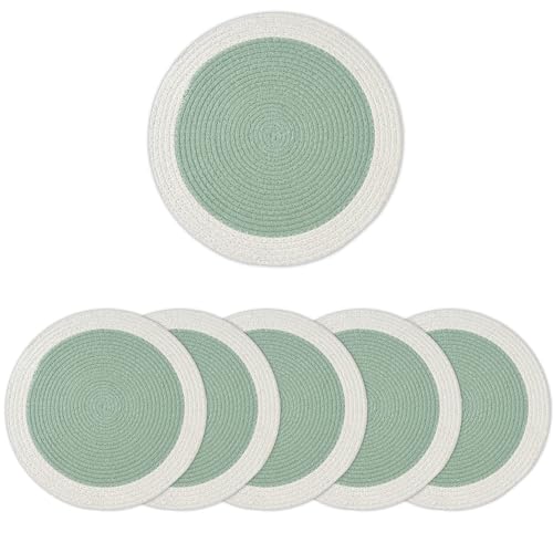 Image of Dining Table Mats Set of 6 | Cotton Table Mat 32 cm Diameter, Encasa XO Washable Round Table Mats, Heat Resistance Dining Table Placemats, Handmade Ribbed Style for Centre Table, Sage & Off White