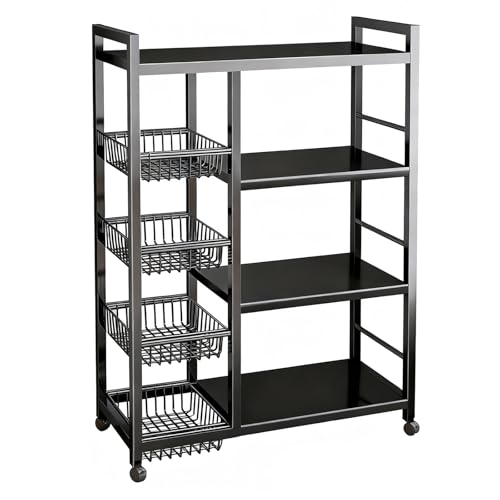 SUKIZUKI レンジラック キッチンラック レンジ台 食器棚 キャスター付き 高さ調整可 頑丈設計 省スペース 組立簡単 おしゃれ 4段タイプ 高さ135*幅80*奥行32cm ブラック