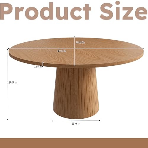 Image of Modern Round Dining Table, 47 inch Round Kitchen Table with Oak Wood Grain Tabletop & Fluted Strip Base, Space Saving Circle Dining Table Seats 4-6, Ideal for Dining Room, Living Room, Small Space