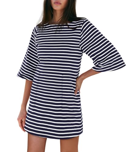 Image of Yousify Women's T Shirt Dress Cotton Summer Dresses 2026 Casual Loose Short Sleeve Striped Mini Dress with Pockets