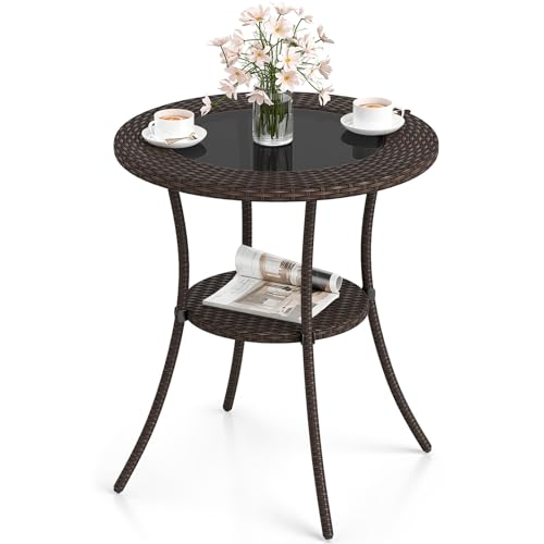 Image of Giantex Round Rattan Wicker Outdoor Coffee Table Glass Top Steel Frame Patio Furniture W /Lower Shelf (Round)