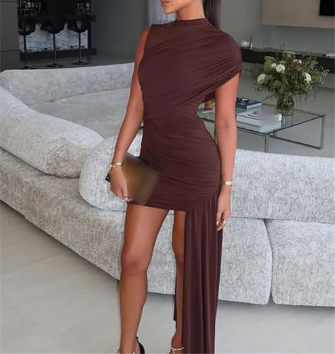 Women's Irregular Pleated Ruched Ribbon Chic Red Sleeveless High Waist Mini Dress Summer Party Club4