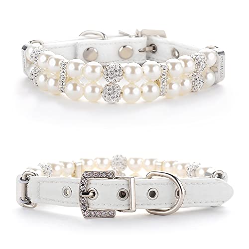 Image of HOWWFALY Dog Cat Pearl Collars with Crystal Rhinestone PU Leather Collars Necklace Adjustable CollarDog Chain Cat White Pearl Pet Collar(White, Large)