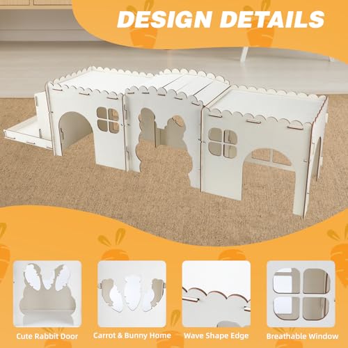 GINDOOR Castelo de esconderijo de coelho extra grande com alimentador de feno, casa de coelho de mad