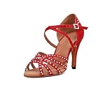  MGM-Joymod Mujer Recorte Glitter Rhinestones Jazz Rumba Samba Salsa Tango Salón Latino Moderno Baile Zapatos Boda Fiesta Sandalias, Tacón rojo 8 5cm, 39 EU