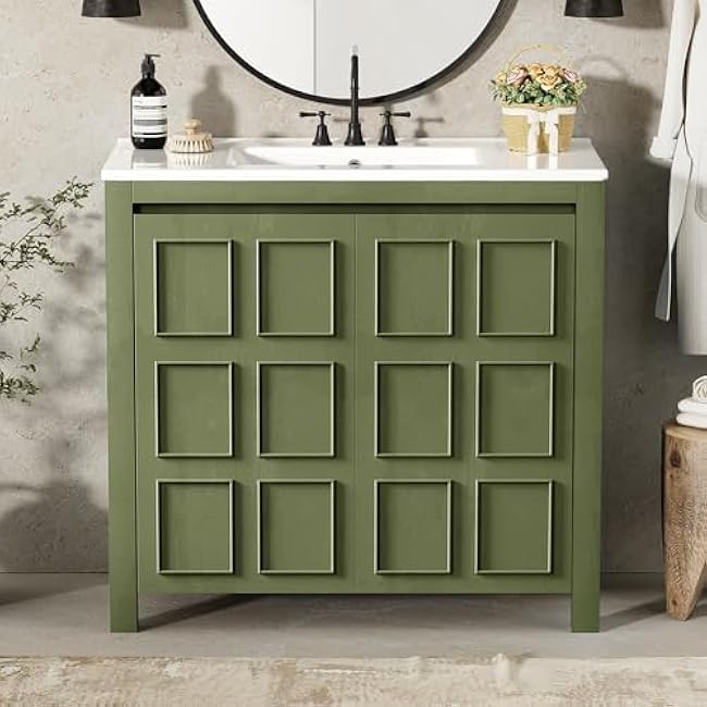 Bathroom Vanity Set, 36 Bathroom Vanity with Resin Sink Combo, Solid Wood Frame Bathroom Storage Cabinet with 5 Drawers & Soft Closing Doors, MDF Boards, Gold Metal Knobs