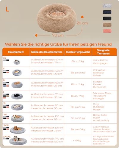 Feandrea Hundebett flauschig, Katzenbett, Donut Kissen, waschbar, Polsterung in der Mitte herausnehmbar, Langer Plüsch, 70 cm Durchmesser, Kamelbraun PGW039K01