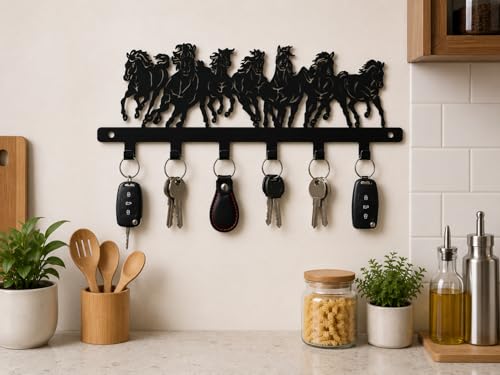 Image of Ventuos Metal Wall Mounted Key Holder with 6 Hooks, Seven Horse Design, Key Organizer for Home Office Bedroom Entryway