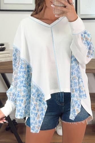 Women's White Abstract Floral Patchwork Batwing Sleeve V Neck Blouse4