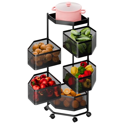 Zephylix Estante giratorio para verduras de cocina, estantes de almacenamiento giratorios de 5 capas, cesta de frutas y verduras con ruedas para cocina, sala de estar, baño, almacenamiento