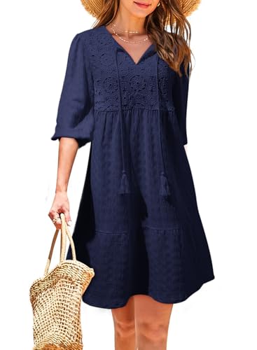 Dokotoo Womens Dresses Summer V Neck Drawstring Embroidered Half Sleeve Mini Dress Boho Dresses for Women 2025 Sundresses