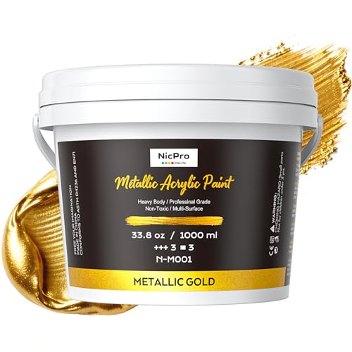 Nicpro Metallic Gold Acrylic Paint, 33.8oz/1000ml Large Heavy Body Gold Acrylic Paint, Non Toxic,...