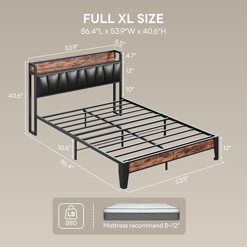 LIKIMIO Full XL Bed Frame, Storage Headboard with Charging Station, Solid and Stable, Noise Free, No Box Spring Needed, Easy Assembly(Vintage and Black)