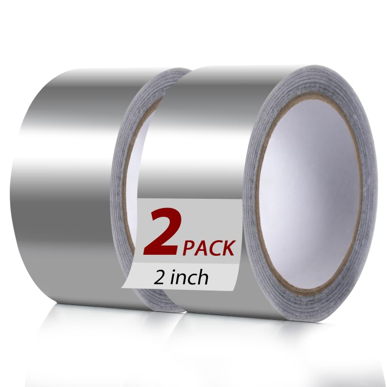 Image of 2 pack Aluminum foil tape, 2 Inches x 22 Yards, suitable for sealing and repairing dryer exhaust lines, piping systems, etc., insulating adhesive metal high temperature heavy duty aluminum foil tape