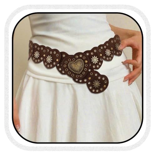 COSYDAYS Boho Wide Disc Belt Brown Western Vintage Leather Concho Belts Fashion for Women