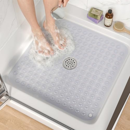 HITSLAM Shower Bathtub Mat Non Slip 24x 24 Bath Mat for Tub Soft PVC Shower Mats for Inside Shower with Suction Cups and Center Drain Hole Machine Washable Bathroom Floor Mat Clear