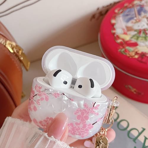 Image of MINSCOSE for Cute Glitter AirPods 4 Clear Case,Cherry Blossom Shell Pattern Aesthetics Design with Trendy Floral Keychain,Soft TPU Protective Cover with Cleaner Kit for AirPods 4-Pink