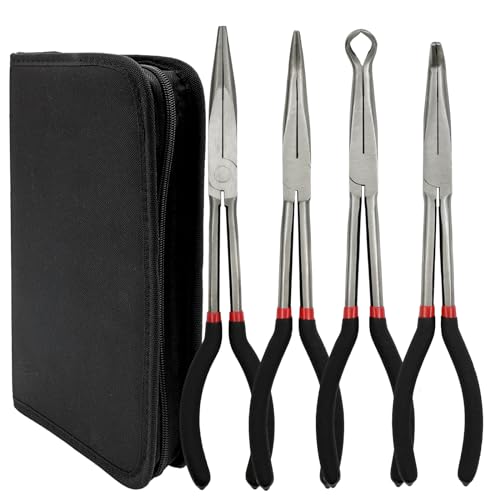 Image of 4 Pack 11 inch Precision Long Nose Pliers Set with Portable Bag, Insulated Grip | Straight, 45 & 90 Angle Curved & Circle Nose for Wire Bending, Trimming, Narrow Spaces, Hard to Reach Area & Precision Work