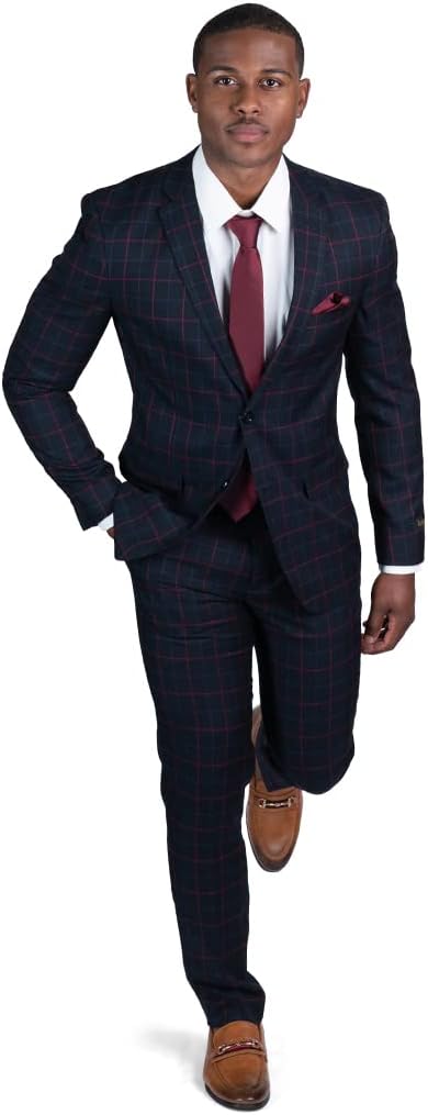 Slim Fit 2 Button Plaid Black & Red Men's Suit Notch Lapel 1675