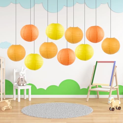 Image of Yellow Chinese Paper Lanterns with LED Lights, 10-Pack 12inch | Hanging Lights in Yellow & Orange for Fall Festival, Thanksgiving, Birthday Decorations, Ceiling Decor & Home Party