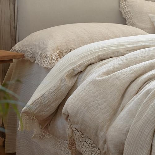 Copripiumino in lino, per letto matrimoniale, con volant, traspirante, comodo, con federe increspate, per tutte le stagioni, lenzuolo con angoli