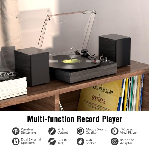 Image of Retrolife Record Player with 2 External Speakers, Vinyl Turntable, Black | 3-Speed Belt-Drive Turntable for 33 /45 /78 RPM Vinyl, Bluetooth Wireless Playback, Auto Stop, AUX Headphone Input and RCA Out