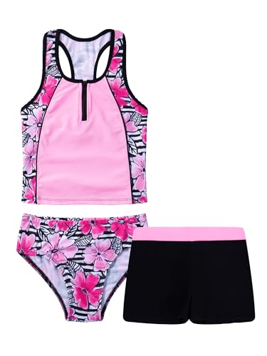 Moily Kids Big Girls Pinata Three Piece Tankini Set Floral Top with Shorts Bottoms Beach Sports Bathing Suit