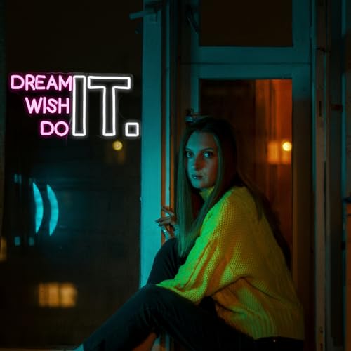 Image of Dream It Wish It Do It Neon Sign Dimmable Letters Neon Light Signs for Wall Decor USB Power Pink White Neon Light for Bedroom Led Neon Sign for Studio Office Bar Gifts