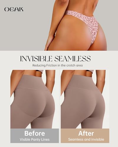 Image of OEAK Seamless Thongs for Women Invisible Thongs No Show Thong Panty Liners Tangas Comfortable Workout G-Strings Underwear Leopard Pink XS