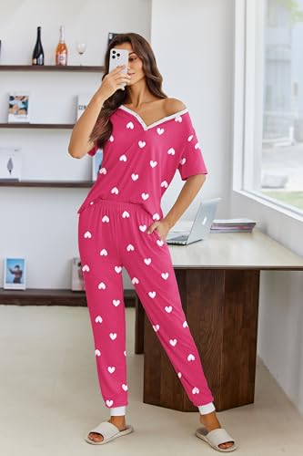 Image of Ekouaer Pajamas for Women Set 2 Piece Fall Lounge Sets Short Sleeve Pjs Joggers Long Pants Sleepwear with Pockets