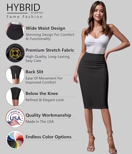 Image of Hybrid & Company Women's Premium Nylon Ponte Stretch High Waist Pencil Suit Skirt Below Knee