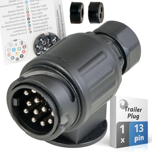 valonic 13 pin trailer plug - 13-pin, black - incl. wiring template - trailer connector for caravan
