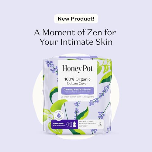 Image of Honey Pot Calming Overnight Sanitary Pads for Women - 100% Organic Cotton Top Sheet - Feminine Care - Non Cooling - Calming Herbs of Lavender, Ashwagandha, & Lemon Balm - 12ct