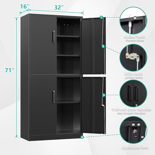 Image of Metal Storage Cabinet with 3 Adjustable Shelves and 4 Doors,71 inch Garage Storage Cabinet with Lock,Black Metal Cabinets with Locking Doors,Steel Tool Cabinets,Lockable Cupboard for Home,Office,Garage