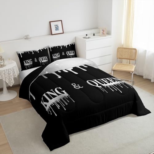 Image of Feelyou Silver Black Mr Mrs Bedding Set Queen King Queen for Couple Man Woman Comforter His and Hers Comforter Set Romantic Duvet Set with 2 Pillow Case