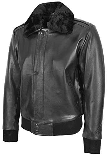 Mens Leather Bomber Jacket Removable Collar Pilot Aviator Leroy4