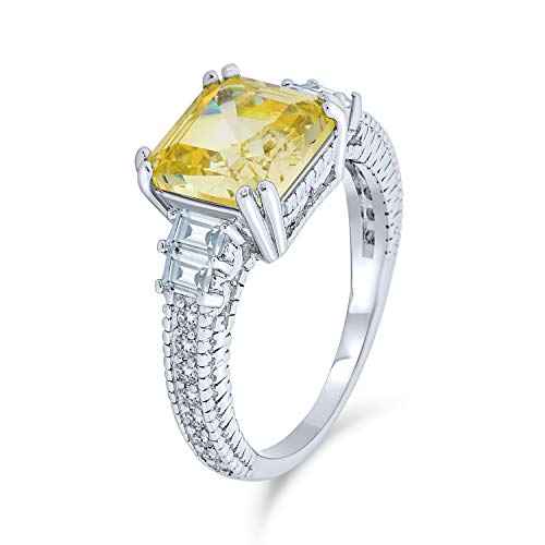 Personalize Three Stone Past Present Future Art Deco Style 2CT Canary Yellow AAA CZ Square Princess or Emerald Asscher Cut Engagement Ring For Women Baguettes Side Stone Band .925 Sterling Silver2