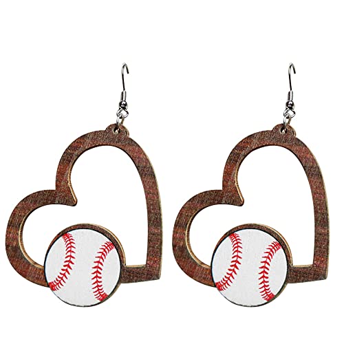 Handmade Sports Ball Baseball Football Drop Dangle Earrings Natural Wooden Heart Teardrop Basketball Volleyball Printed For Women Girls Friendship Sports Fans Lover Party Jewelry (B Baseball) #TOP25