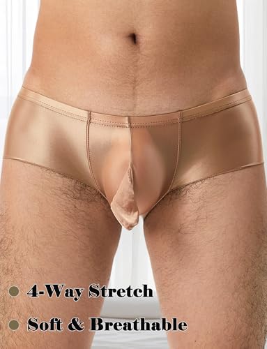 AUBIG Men's Shiny Metallic Mini Boxer Briefs Oil Shiny Glossy Panties Sheer Underpants Low Waist Panties3