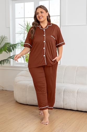 Image of Vozanet Women's Plus Size Pajamas Button Down Shirt and Pants Soft Lounge Sets Bride Nighty Bottom with Pockets 1x to 5x