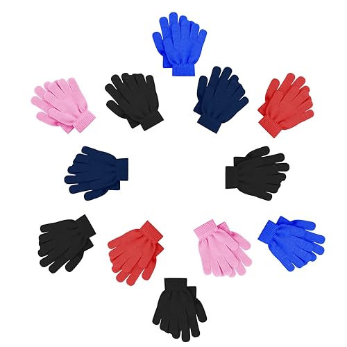 12 Pairs Kids Winter Gloves, Children Bulk Pack Fun Colorful Cute Magic Glove for Boys & Girls (Assorted #6, 6-12 Years)