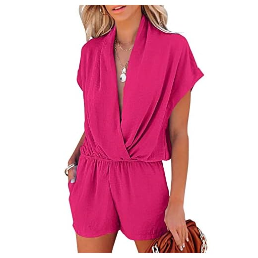 LYANER Women's Summer V Neck Wrap Ruched Front with Pockets Short Sleeve Romper Jumpsuit Rose Small