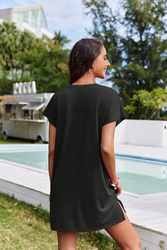 AI'MAGE Women's Coverups Short Sleeve T-Shirt Dress Casual Side Slit Loose Fit Knee Length Beach Mini Dress S-XXL3