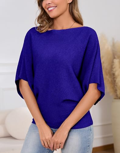 Image of MAKARTHY Womens Batwing Sleeves Knitted Dolman Pullovers Boat Neck Tops Sweatershirts