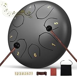 Rain Drum for Outside Garden, 6 Inches 8 Notes Steel Tongue Chakra Drums, Waterproof Echo Rain Chime Meditation Drums, Musical Instruments for Adult Gift with Bag, Music Book, Drum Mallets (Black)