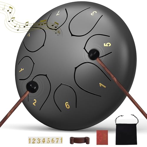 Image of Rain Drum for Outside Garden, 6 Inches 8 Notes Steel Tongue Chakra Drums, Waterproof Echo Rain Chime Meditation Drums, Musical Instruments for Adult Gift with Bag, Music Book, Drum Mallets (Black)