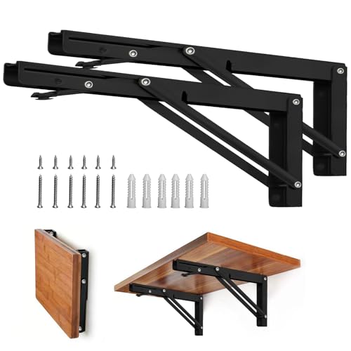 Image of Storystore Folding Shelf Brackets - 18 Inch Heavy Duty Metal Collapsible Shelf Bracket for Bench Table, Shelf Hinge Wall Mounted Space Saving DIY Bracket, Max Load: 150 lb 2 PCS (, Black)