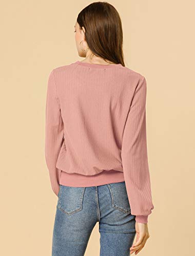Allegra K Women's Lantern Sleeve Tops Crewneck Winter Retro Ribbed Pullover Sweater Large Pink #TOP3