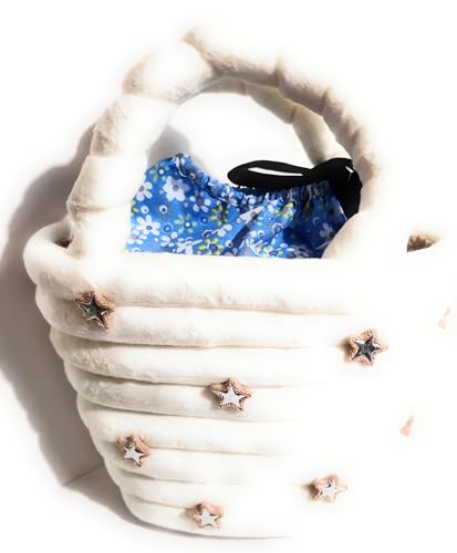 Sac en paille avec étoiles blanches et doublure bleue pour été