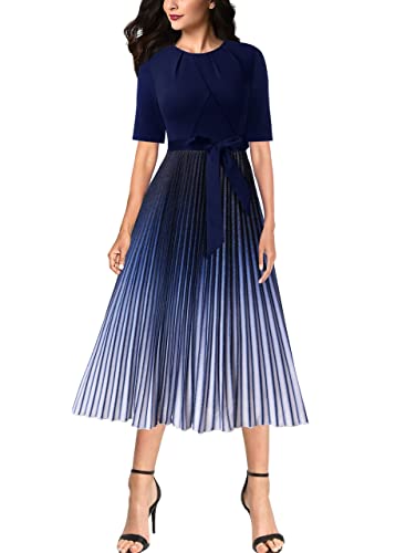 VFSHOW Womens Elegant Patchwork Belted Work Business Office Casual Party Pleated A-Line Midi Dress2